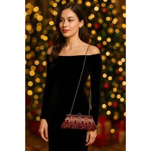 Embroidered Burgundy Evening Crossbody Bag